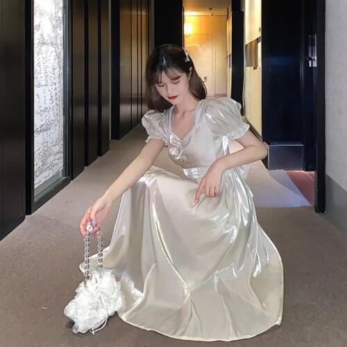 Japanese fashion Womens Summer Collar Puff Sleeve Pleated High Waist Lace-up Slim Pearly Lustre Expandable lolita dress