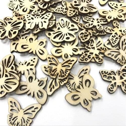 100PCS 33MM DIY Craft Wood Blank Butterfly Pattern Embellishments Wood Color Wedding Love Tags String Hanging Pendants