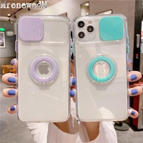 Slide Camera Lens Protection Case For iPhone 11 12 Pro Max XS XR Xs Max 7 8 Plus SE2 Ring Holder Stand Anti-Fall Soft Back Cover
