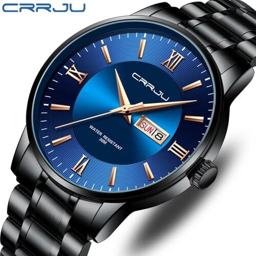 Relogio masculino CRRJU Mens Watches Fashion WristWatch for Men Stainless Steel Band waterproof Date Blue Gift Quartz watches