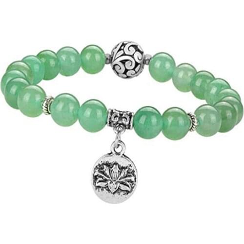 FYJS Unique Silver Plated Lotus Flower Connect 8 mm Round Beads Stretchy Bracelet Green Aventurine Jewelry