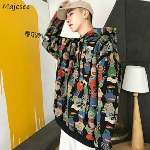 Hoodies Men Printed Colorful Leisure Hooded Chic High Street Hip-hop Harajuku Ins Retro Daily Streetwewar Korean Style Ulzzang