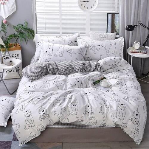 Cartoon Cat Bedding Set White Check Stripe Duvet Cover Sheet Set With Pillowcase Set Full Queen Size Kids Adults Bedclothes