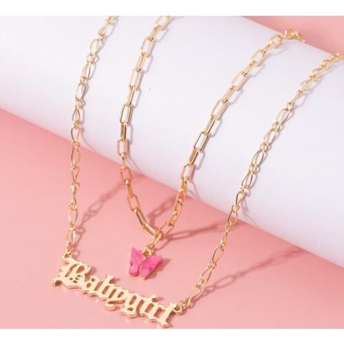 Cute Necklace Pendant Baby Girls Letter Jewelry for Women Girls Pink Butterfly Charm Choker Necklaces Collar Engagement Bijoux