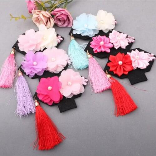 Mini Order 2pcs/lot Fabric Chiffon Flowers Tassel Button Patch Stickers Fit Girls Headband Hair Jewelry Garment handbag Decor