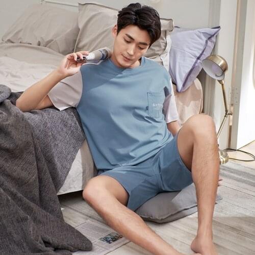 Summer Casual Full Pure Cotton Short Sleeve Pajamas Sets for Men Sleepwear Male Homewear Lounge Wear Night Suit Home Clothes