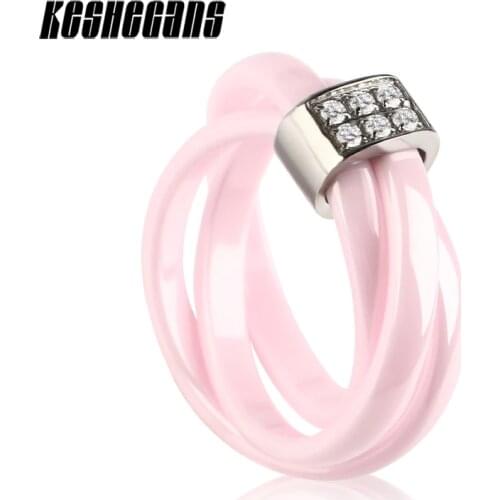 Romantic Pink Ceramic Ring 3 Round Circle With Bling Crystal Rhinestone Smooth Healthy Material For Women Girl Lovely Party Gift