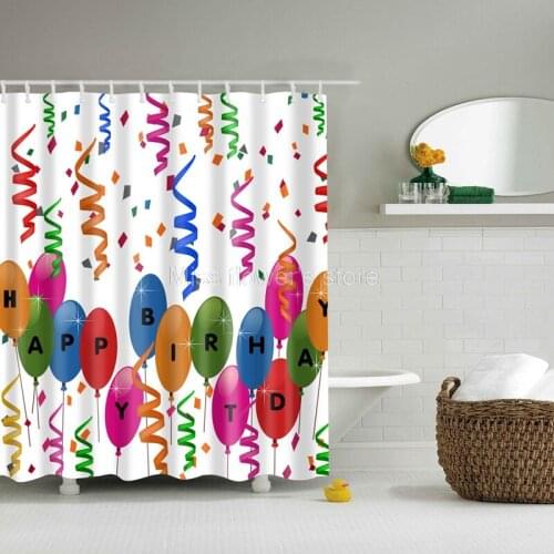 Happy Birthday Colorful Balloons Pattern Design Custom Shower Curtains Bathroom Waterproof Mildew Polyester Fabric + 12 Hooks