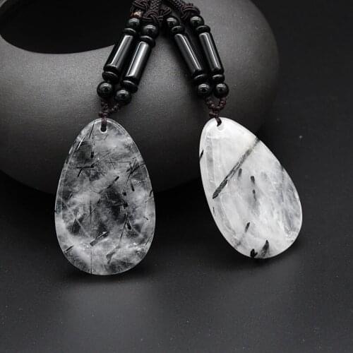 10pcs Natural Black Rutilated Quartz Pendants 21'' Sweater Chain Necklace Summer Winter Jewelry For Men and Women