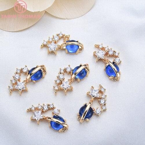 2PCS 19x10MM 24K Gold Color Brass Blue white zircon Hollow Pendants Charms High Quality Diy Jewelry Findings Accessories