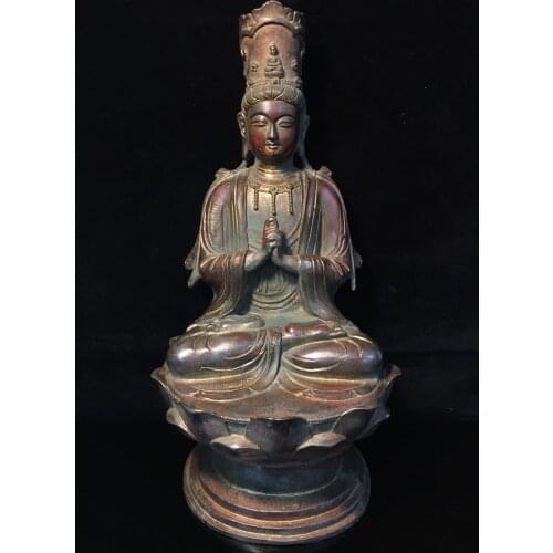18" Tibet Buddhism Temple old bronze Guanyin Bodhisattva Statue Avalokitesvara statue Guanyin sitting on the Buddhist platform