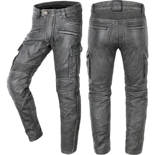 2021 New Motorcycle Leather Trousers Men Leather Pant Thick Natural Cowhide Vintage Grey Black Mens Moto Biker Pants Plus Size