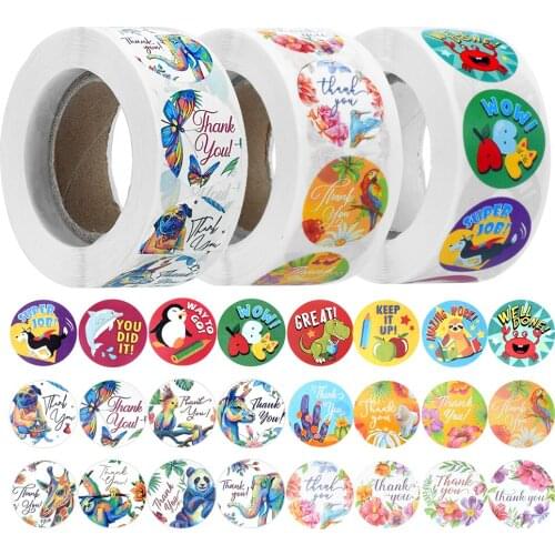 500Pcs/Roll Cartoon Animals Thank You Stickers 1" Kids Party Reward Gift Bags Labels, Gift Stationery, Scrapbook Tags