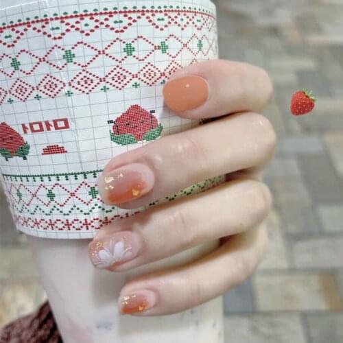 Honey orange pure color with gold foil decoration fake nails Japanese cute short bride false nails with glue lady full nail tips