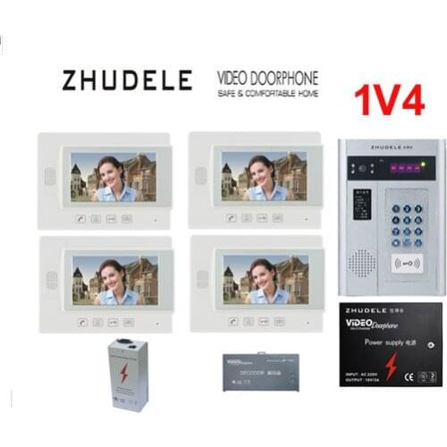 ZHUDELE Building Home security intercom system 4 Units Apartment Video Door Phone Bell Intercom System 7" TFT monitor IN STOCK