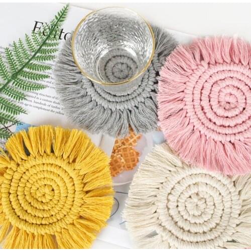 Europe Solid Color Handmade Cotton Macrame Placemats Cup Mat Bohemia Boho Tablecloth Coaster Cup Pad for Kungfu Tea Braid Mats