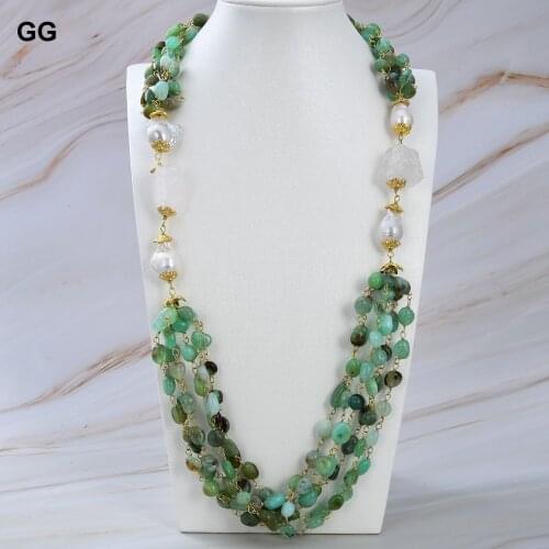 GG Jewelry 5 Strands Natural Green Chrysoprase Quartzs Rough White Keshi Pearl statement Necklace 30" for women Jewelry