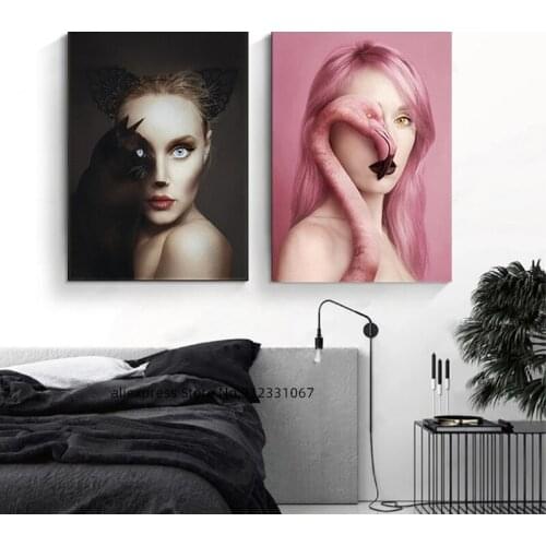 Modern Mysterious Black Cat Witch Girl Flamingo Canvas Painting Posters Prints Wall Art Pictures Living Room Home Decor Cuadros