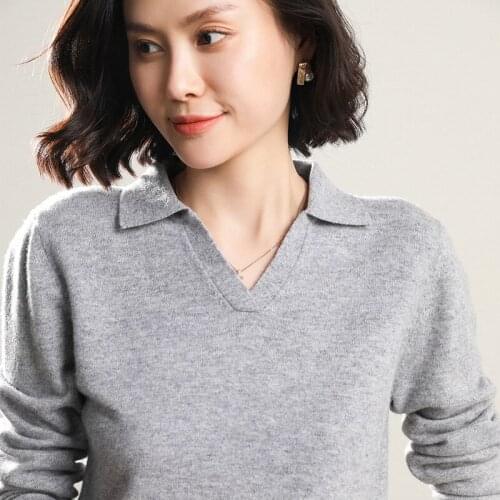 Cashmere sweater autumn and winter new female POLO neck pullover sweater solid color long-sleeved wild knitted base sweater