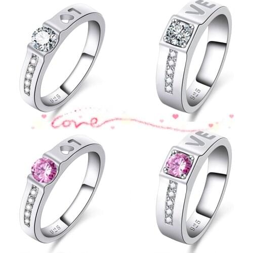 Lingmei New Couple Rings LOVE Wedding Band Pink White Zircon Silver Color Ring Size 6 7 8 9 Valentines Day Fashion Hot Gifts