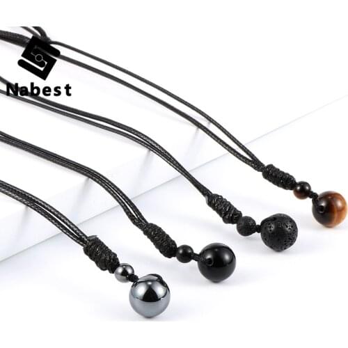Men Women Natural Stone Beads Charm Necklace Tiger Eye Pendant Hematite Adjustabal Waxed Rope Long Sweater Chain Vintage Jewelry