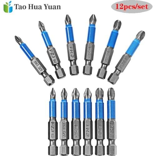 12pcs/set Gcr15 Phillips Bits Hex Shanked Anti Slip Screwdriver Bits Magnetic Single Head PH1 PZ1 PH2 PZ2 PH3 PZ3 50mm Length AA