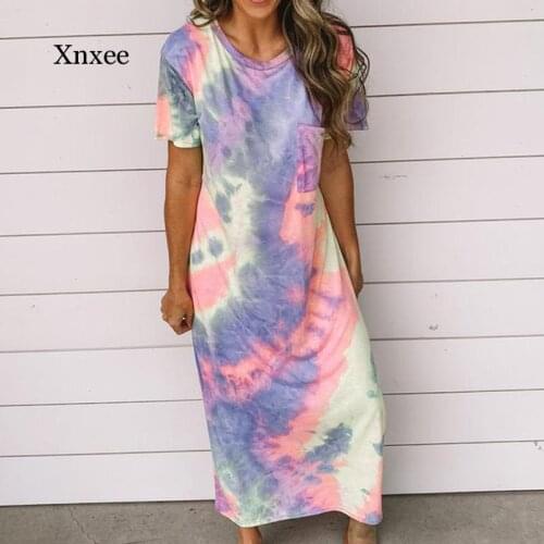 Pocket Straight Long Dress Summer Beach Side Split Casual Maxi Dress Boho Tie Dye Loose Short Sleeve Female Sundress Femme Robe