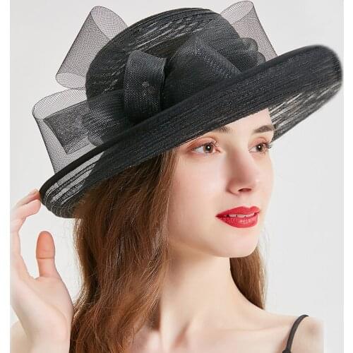 Fedoras Church Hats For Women Elegant Royal Wedding Woman Hat Fascinators Women Black Straw Bow Bowler Prom Church Party Tea Cap
