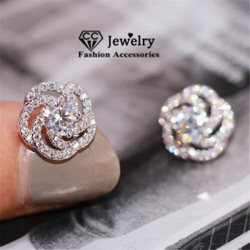 S925 Silver Stud Earrings For Women Rose Flower Cubic Zirconia Brincos Simple Sweet Bridal Wedding Prevent Allergy CCE726
