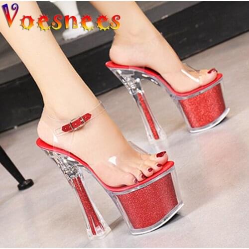 Large-size Women Shoes Sandals Woman Platform Model Show Sexy High-heeled Shoes 7CM 20CM Transparent Crystal Waterproof Sandals