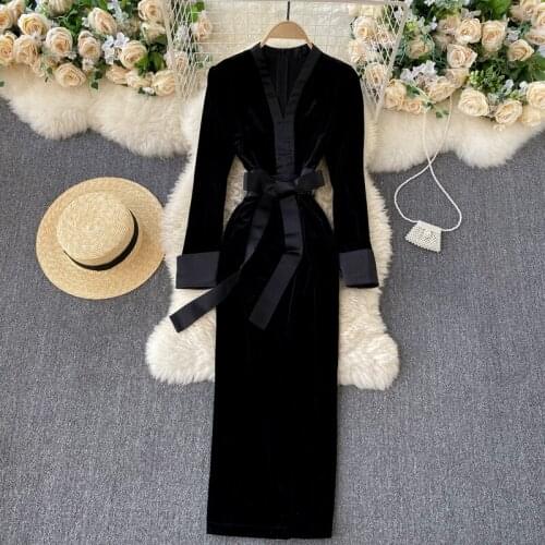 2021 new Women black Long Sleeve Party dress temperament High Waist Dress vintage Velvet Long Dress Autumn And Winter