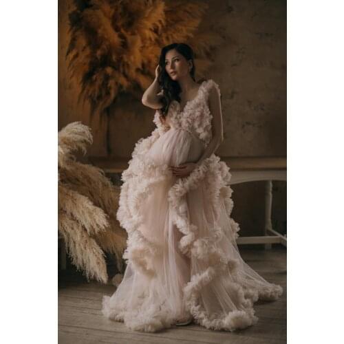 Merryu 2020 V-neck Photography Dress Ruffles Wedding Dress Long Tulle Evening Dress High low Ruffles Sleeves Party dress