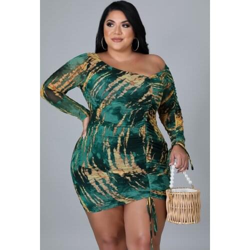 Vintage Sexy One Shoulder Dress Women Plus Size XL~5XL Long Sleeve Bodycon Skinny Pleated Drawstring Mini Dresses Vestidos