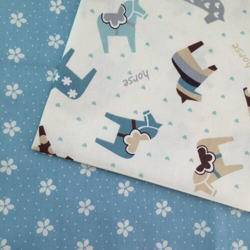 100% Cotton twill cloth cartoon horse blue/white small flower floral for DIY kids bedding doll dress cushions quilting fabrics