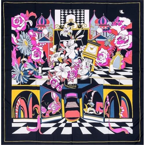 130cm Cartoon Flower Square Scarf Luxury Design Brand Twill 100% Silk Scarf Women Kerchief Scarves For Ladies Fashion Shawl