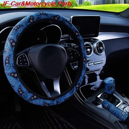 37-38CM Bohemia Style Car Steering Wheel Cover Floral Print Shift Gear Knob Handbrake Cover Set Auto Interior Decoration