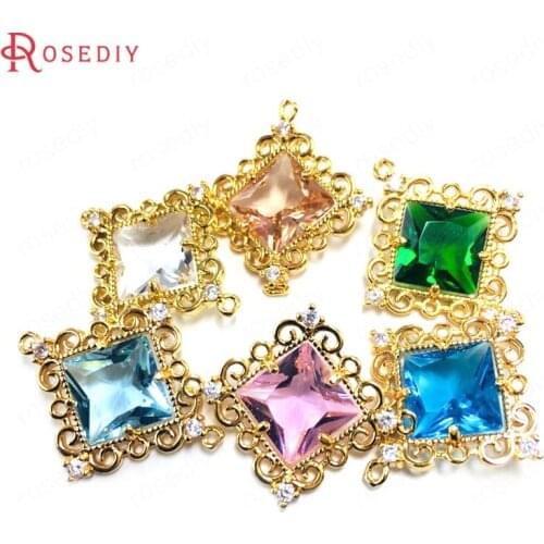 38804)6PCS 10MM 24K Champagne Gold Color Brass and Zircon and Glass 2 Holes Square Connect Charms Pendants Jewelry Accessories