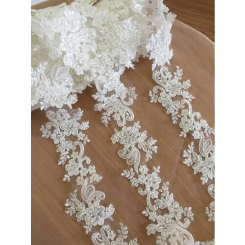 5 Yards Thin Pearl Beaded Lace Trim in Ivory , Bridal Veil Straps for Wedding Sash, Headband Jewelry Costume Design
