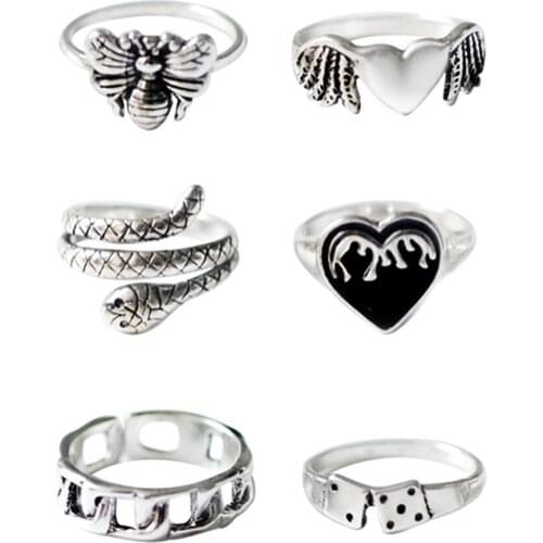 6Pcs Punk Silver Color Heart Rings for Women Kpop Snake Animal Unisex Couple Fashion Jewelry Gift