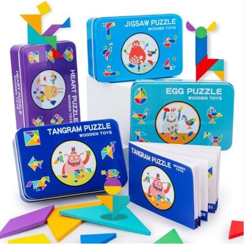 Wooden Creative IQ Tangram Jigsaw Puzzle Logic Educational Puzzles Game Toys with Manual Iron Box for Kids
