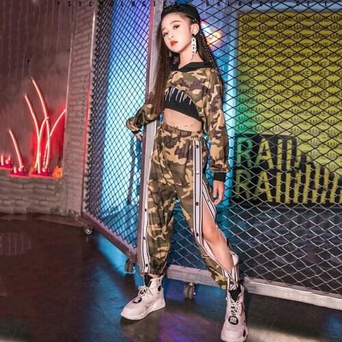 Kids Jazz Hip Hop Costumes Girls Long Sleeve Hoodies Camouflage Clothing Fashion Hiphop Pant Stage Performance Wear