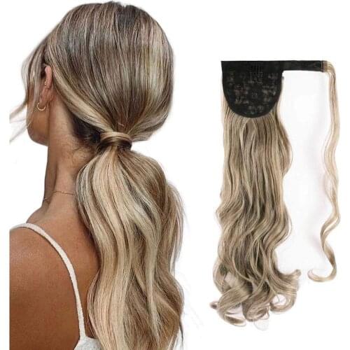 Kong&Li Long Wave Ponytail Wrap Around Ponytail Clip in Hair Extensions Natural Hairpiece Headwear Synthetic Hair Brown Gray