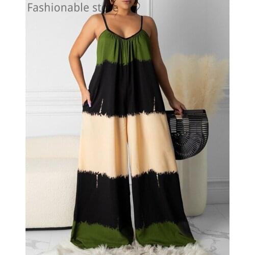 Women Spaghetti Strap Colorblock Pocket Design Ruched Wide Leg Casual Loose Jumpsuit