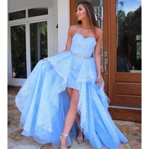 Elegant Plus Size Long Light Blue Prom Dresses 2020 Sweetheart Vintage Lace Beaded High Low Ruffles Formal Gala Dresses