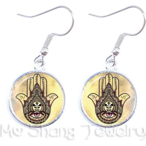 The Hamasa Hand Art Glass Cabochon Fashion Dangle Earrings Charms Jewelry Earrings Gifts For Friends Bless And Pray For Health