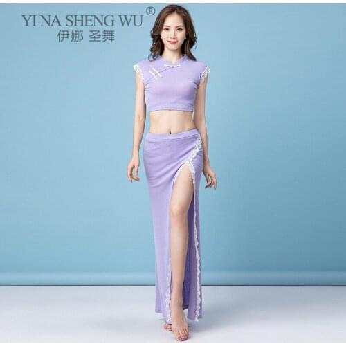 Summer New Belly Dance Practice Clothes Cheongsam Style Sexy Show Dance Training Suit Sleeveless Top Long Split Skirt Dance New