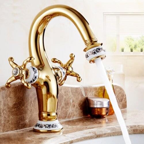 Antique copper gold plated sink basin faucet mixer tap+2 inlet water hose, Bathroom daul holder wash basin faucet hot and cold