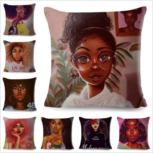 Beautiful Black Women Africa Girl Pillow Case Linen Decor Colorful Cartoon Cushion Cover for Sofa Car Home Pillowcase 45x45cm