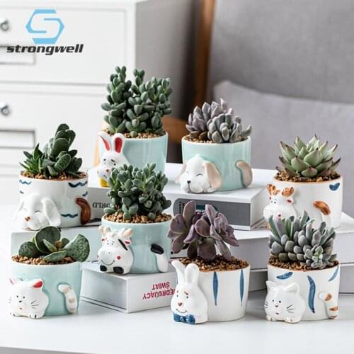 Strongwell Creative Cartoon Animal Shape Flower Pot Living Room Desktop Display Succulent Planter Figurines Artware Pots Bonsai
