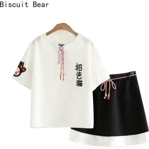 Summer Womens Suit Skirts Sets Cat Embroidery Lace Up Chiffon T Shirt Mini Black Skirt Two Piece Set Elastic Waist Skirt S-XL